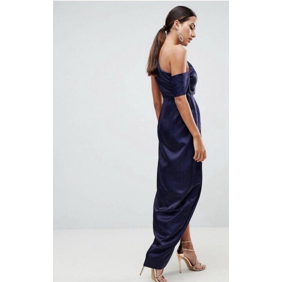 Navy Draped Dress One-Shoulder Satin Sz 10 Slit Evening Cocktail Blue Long ASOS - Picture 10 of 16